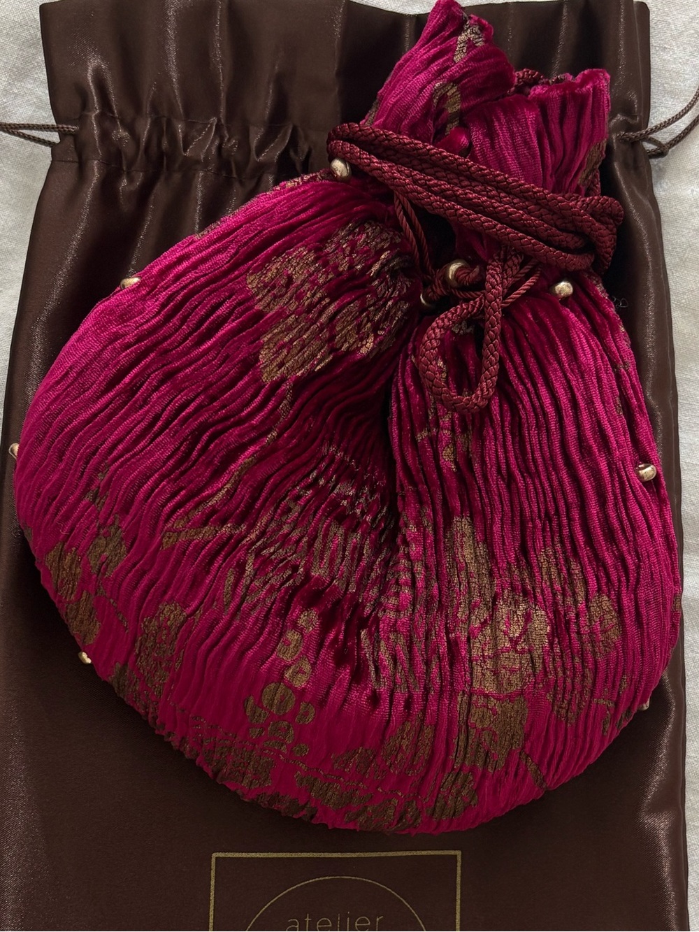 Velvet Fortuny Magenta Drawstring Pleated Pouch Purse